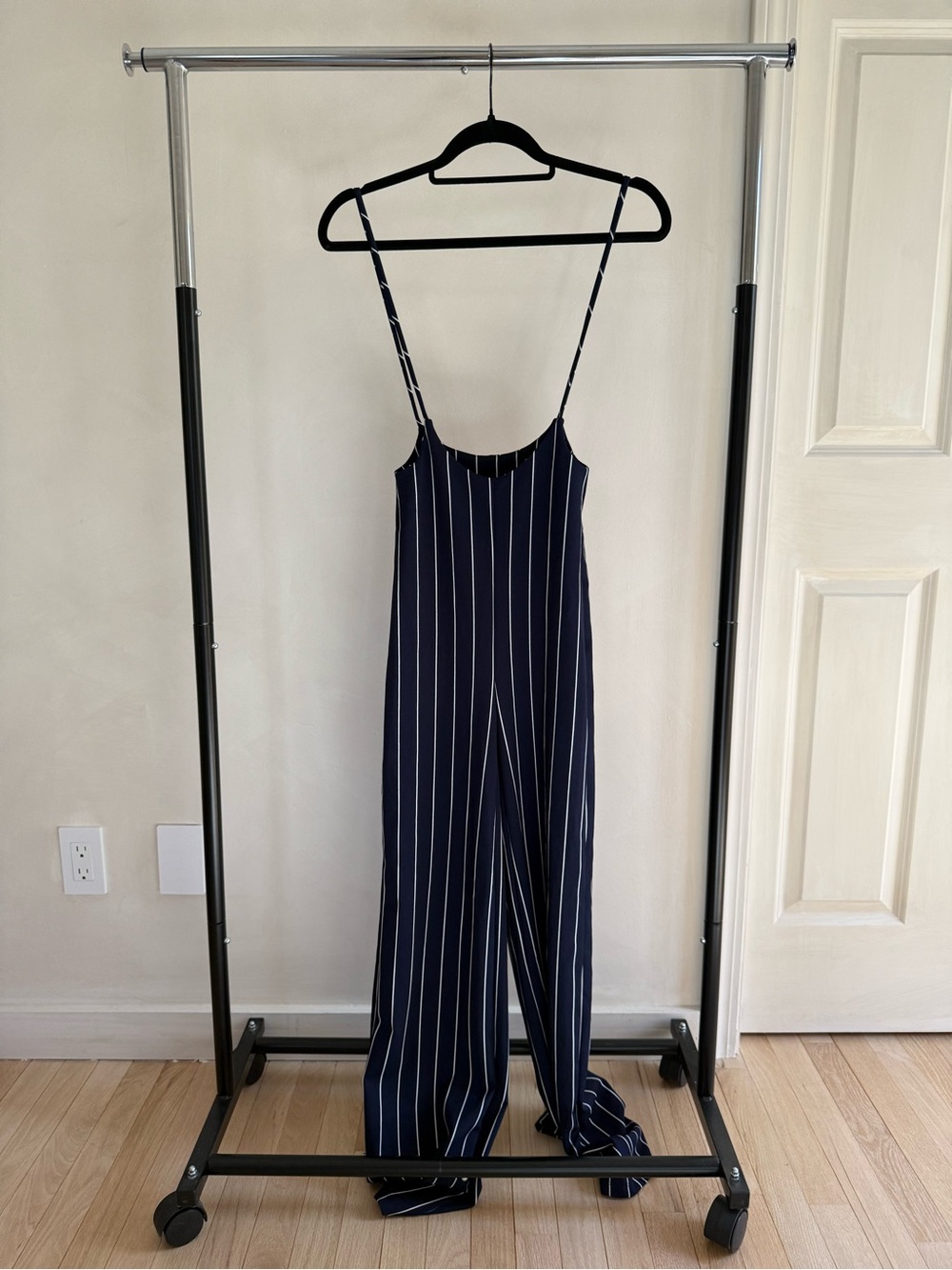 Windsor Navy Pinstripe Spaghetti-Strap Wide-Leg Jumpsuit